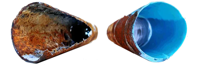 Picture of before and after cast iron pipe restoration